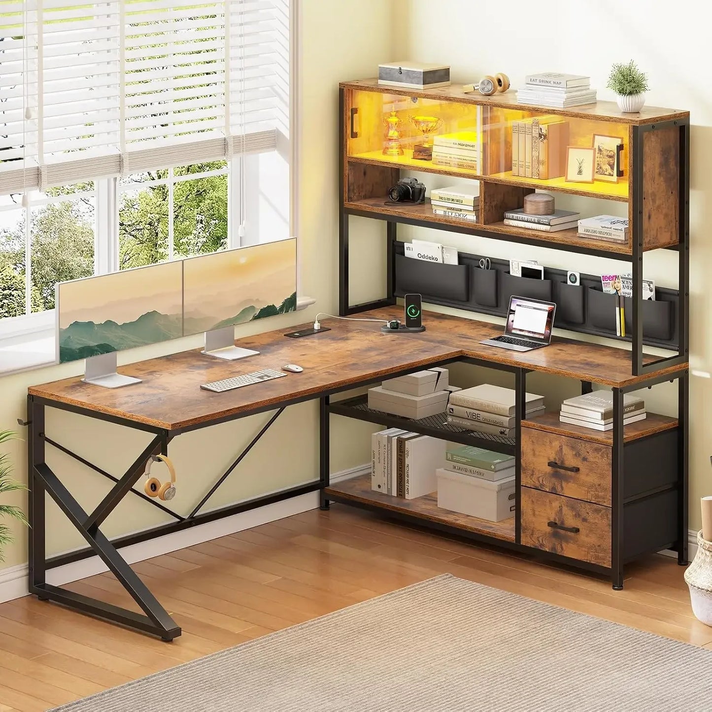 L Shaped Gaming Desk with LED Light 2 Drawers Bookshelf Corner Desk