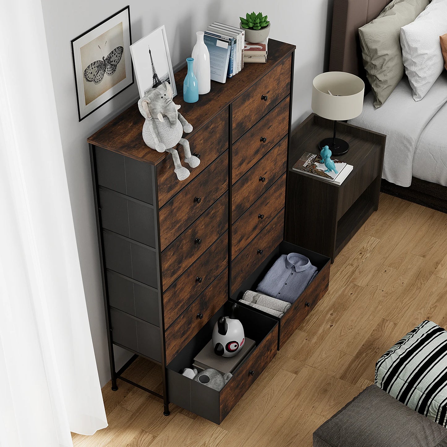 **** Chest of Drawers Fabric Storage 8/12 Drawers Wooden Top Metal Frame
