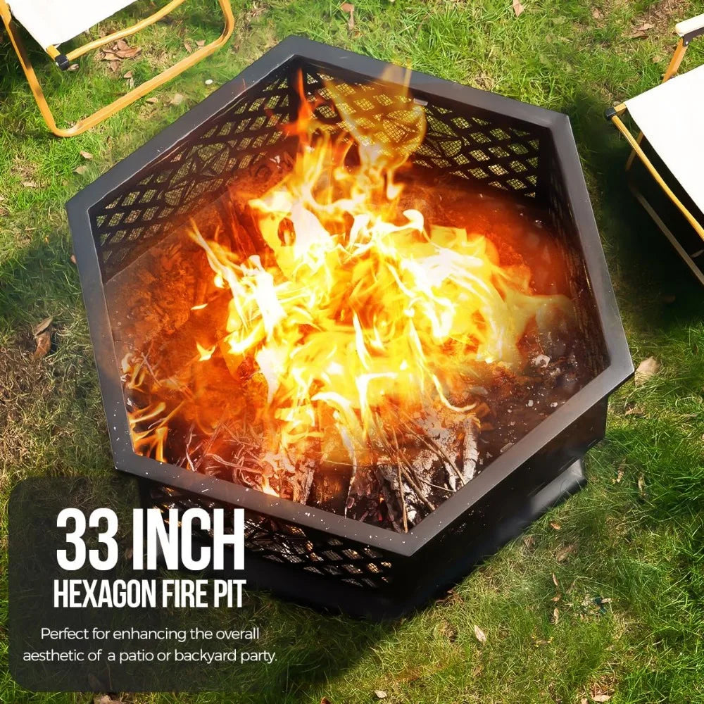 33 Inch Hexagon Outdoor Fire Pit Wood Burning Metal Firepit for Backyard