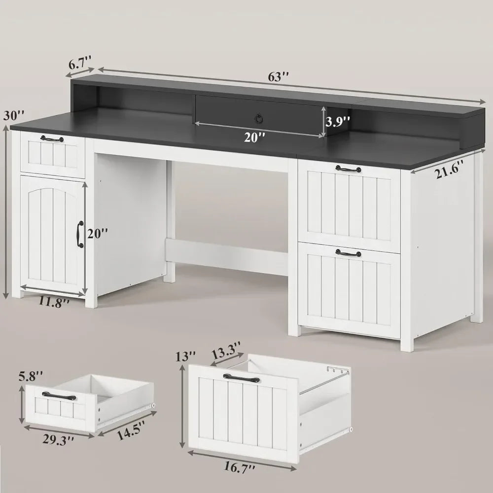 Farmhouse Executive Desk with File Drawer and Monitor Stand for Home Office