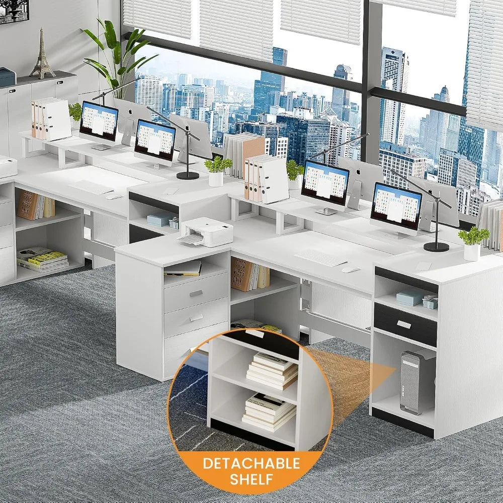 L Shaped White Computer Desk with Drawers Storage Shelves Home Office