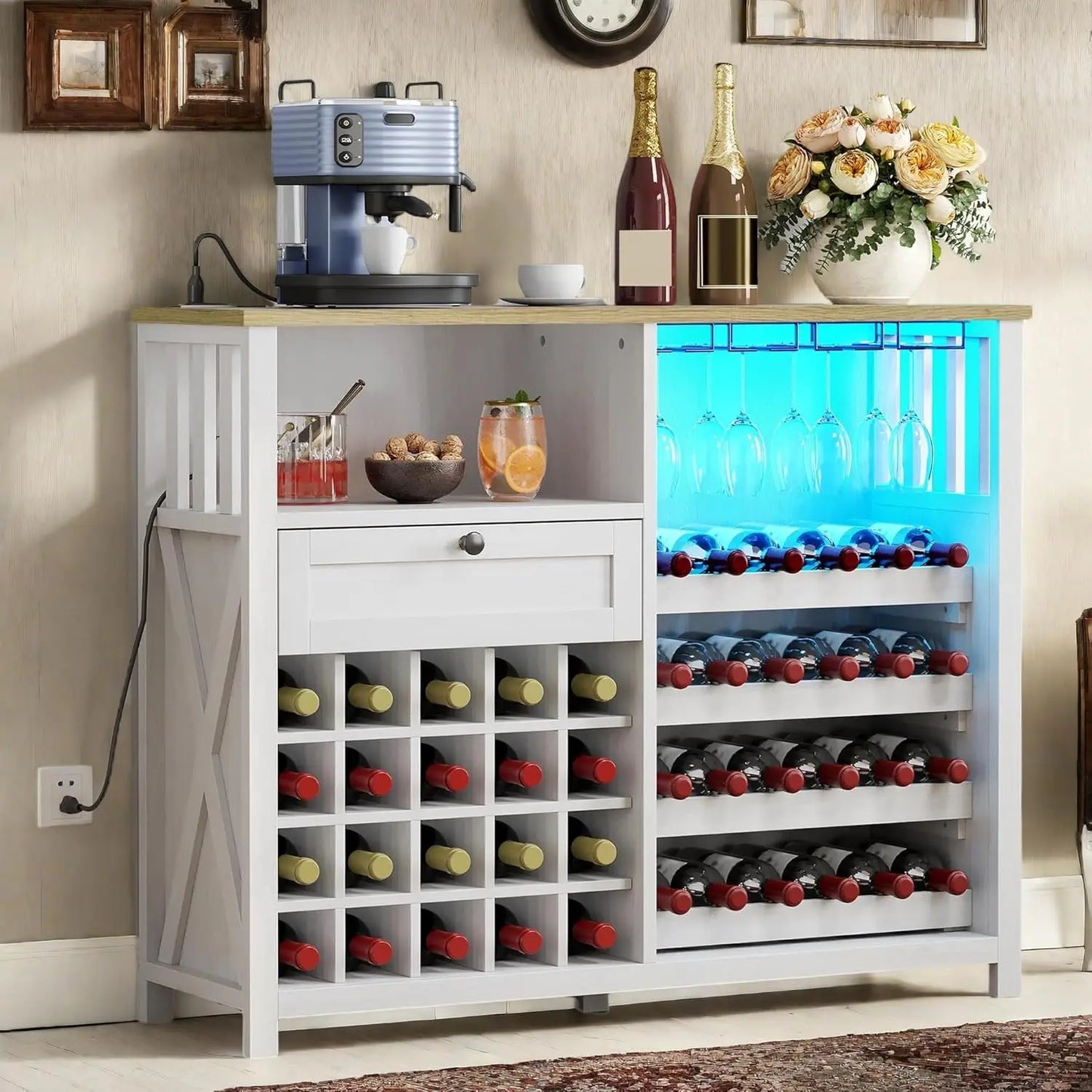 Wine Bar Cabinet with LED Light and Power Outlet Kitchen Buffet Sideboard