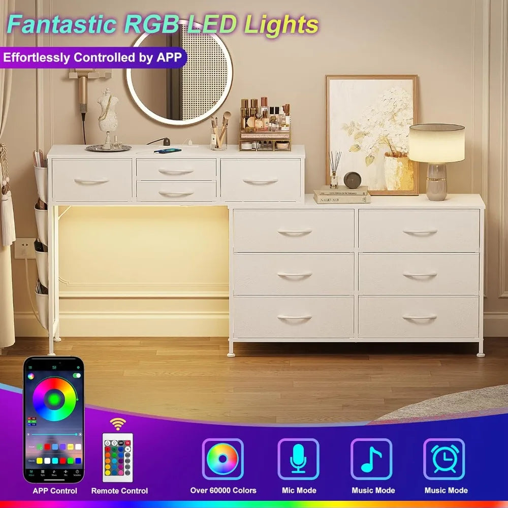 67 Inch Rotatable Dressing Table with LED Lights and Charging Station