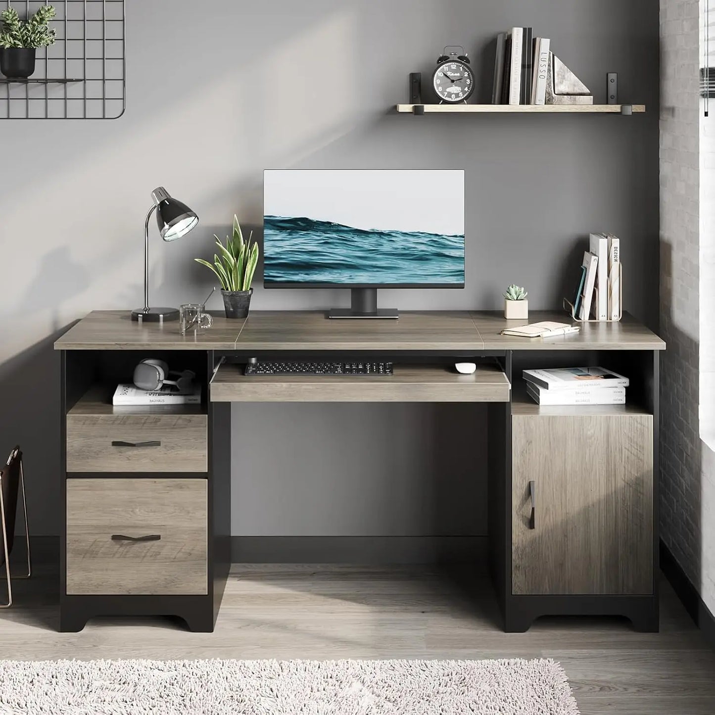Ljustra 59 Inch Executive Desk with 2 Drawers Industrial Wood Design