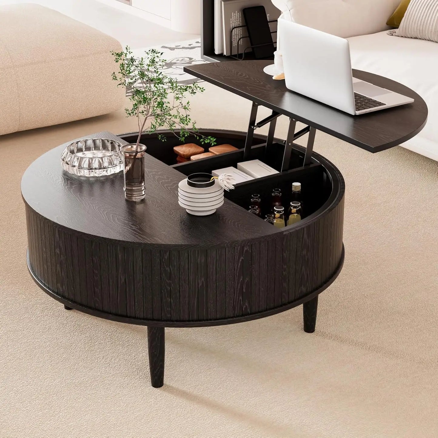 Round Lift Top Coffee Table with Storage Mid Century Modern Design