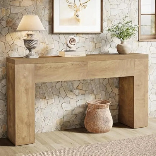 63 Inch Wooden Console Table with Hidden Drawers Rustic Farmhouse Style
