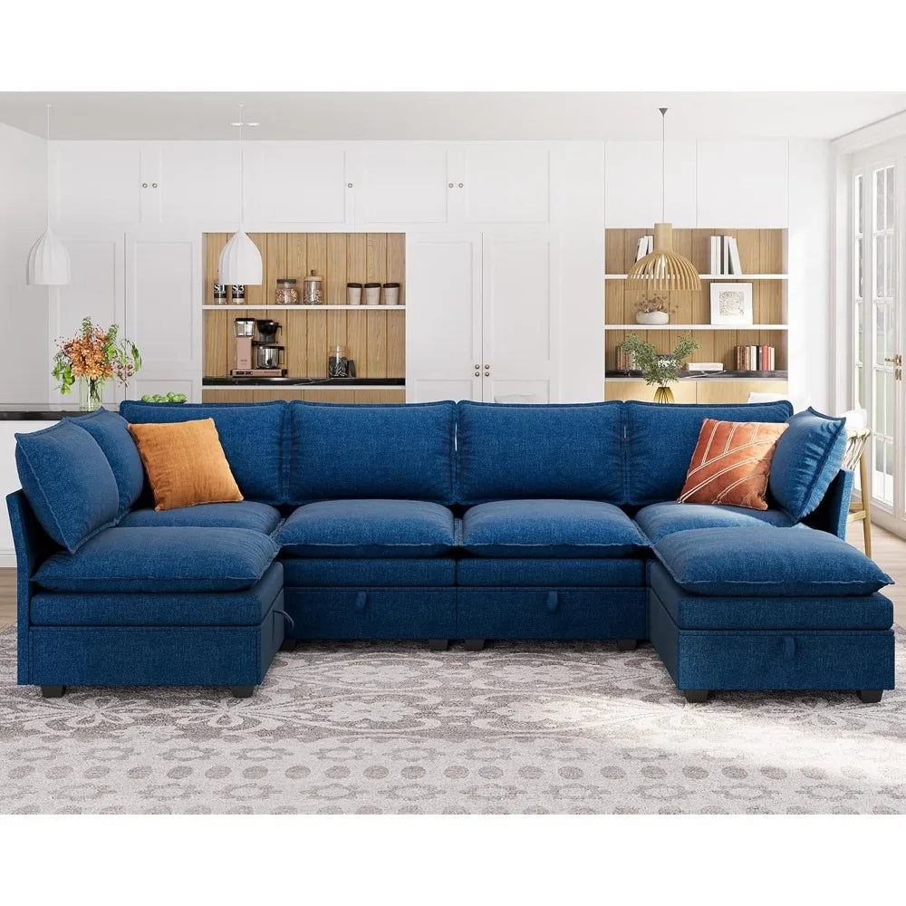 115” U-Shaped Modular Sofa Blue Sectional w/ Storage 6-Person Seating