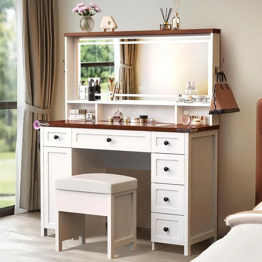 Vanity Desk with Mirror and Lights Farmhouse Makeup Table 45"W