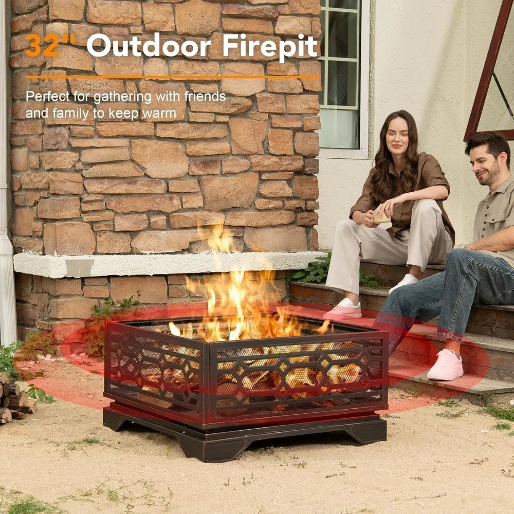 Large 32 Inch Outdoor Fire Pit Wood Burning Square Metal Fireplace