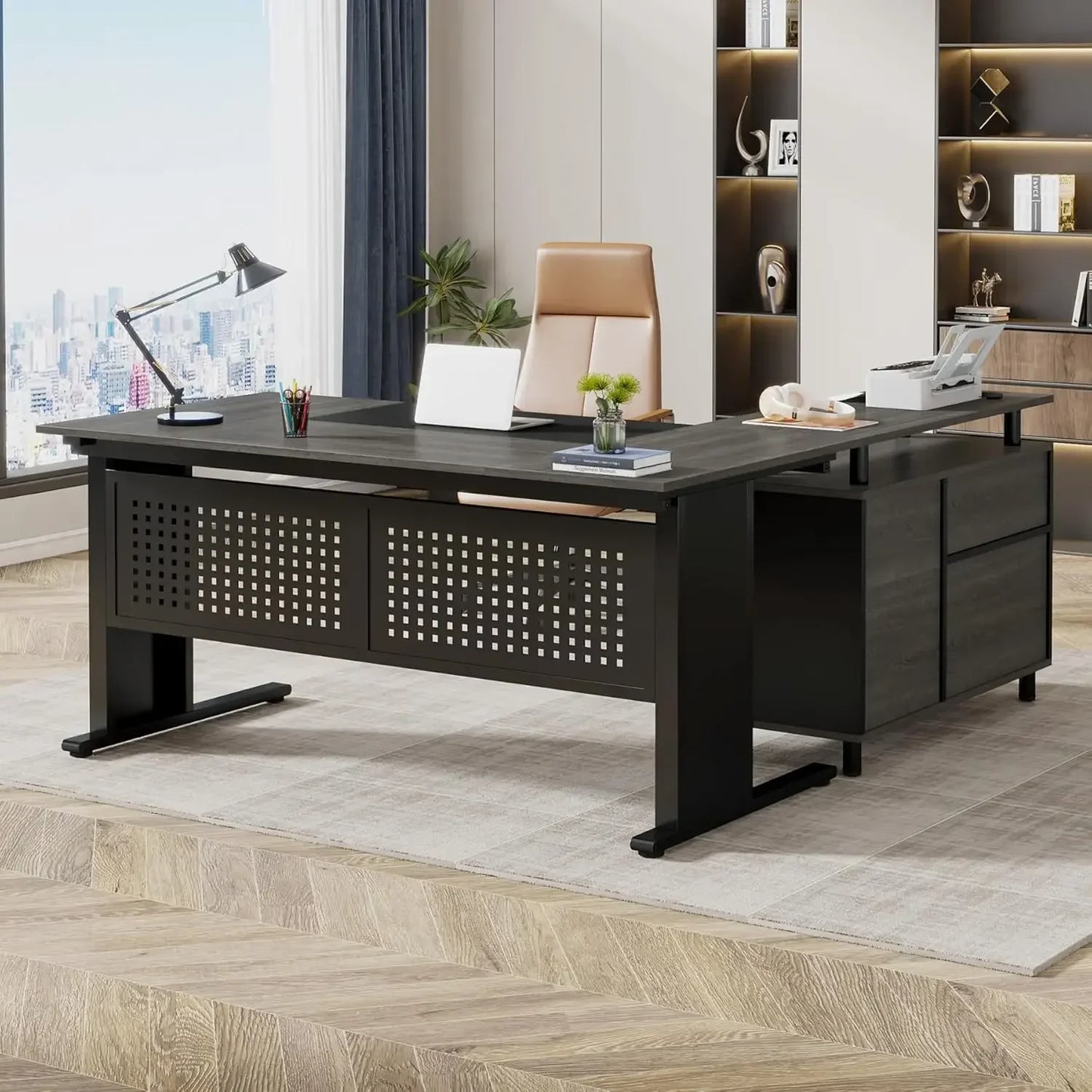 L Shaped Executive Desk with File Cabinet and Storage for Home Office