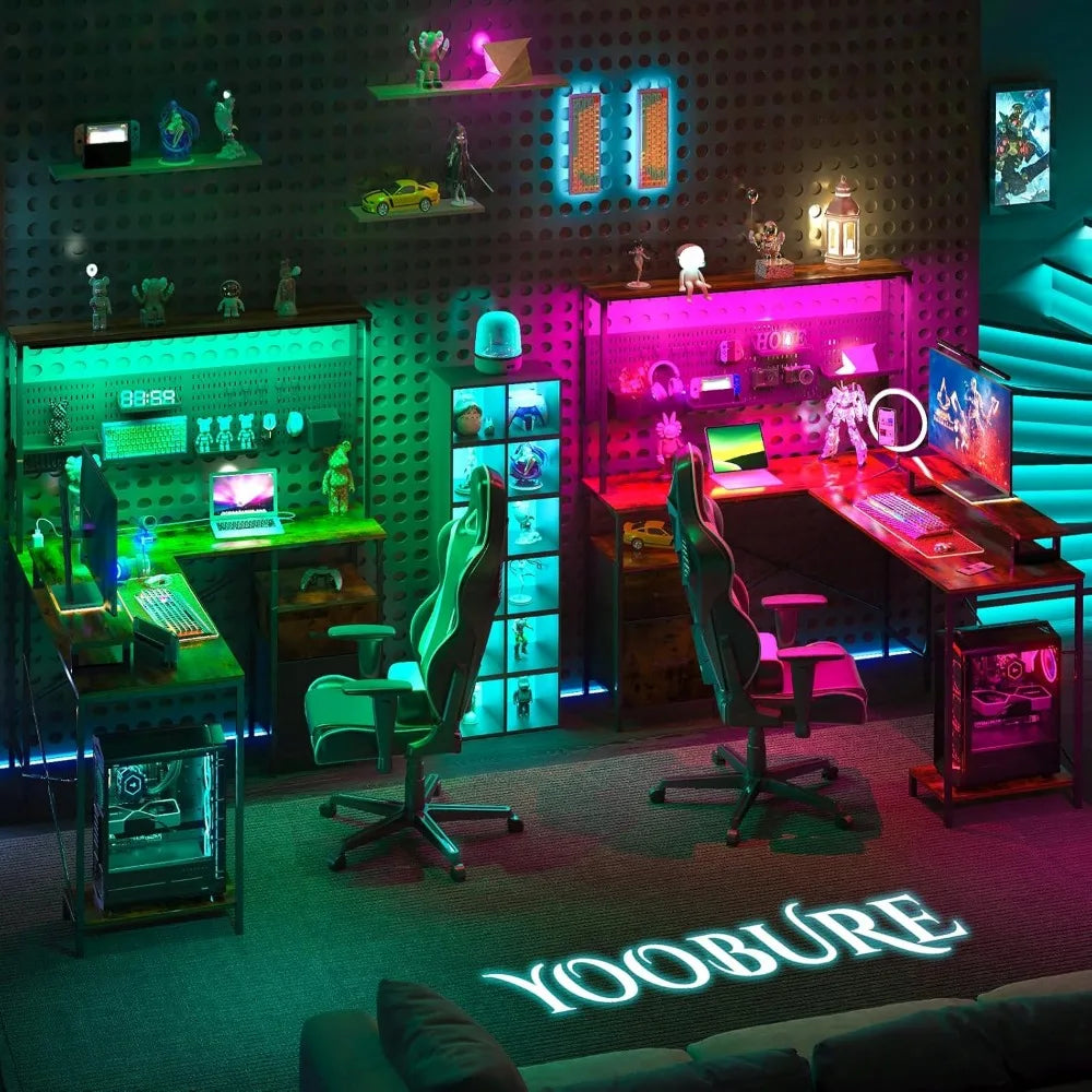 L Shaped Desk with Pegboard LED Lights and Power Outlets for Gaming