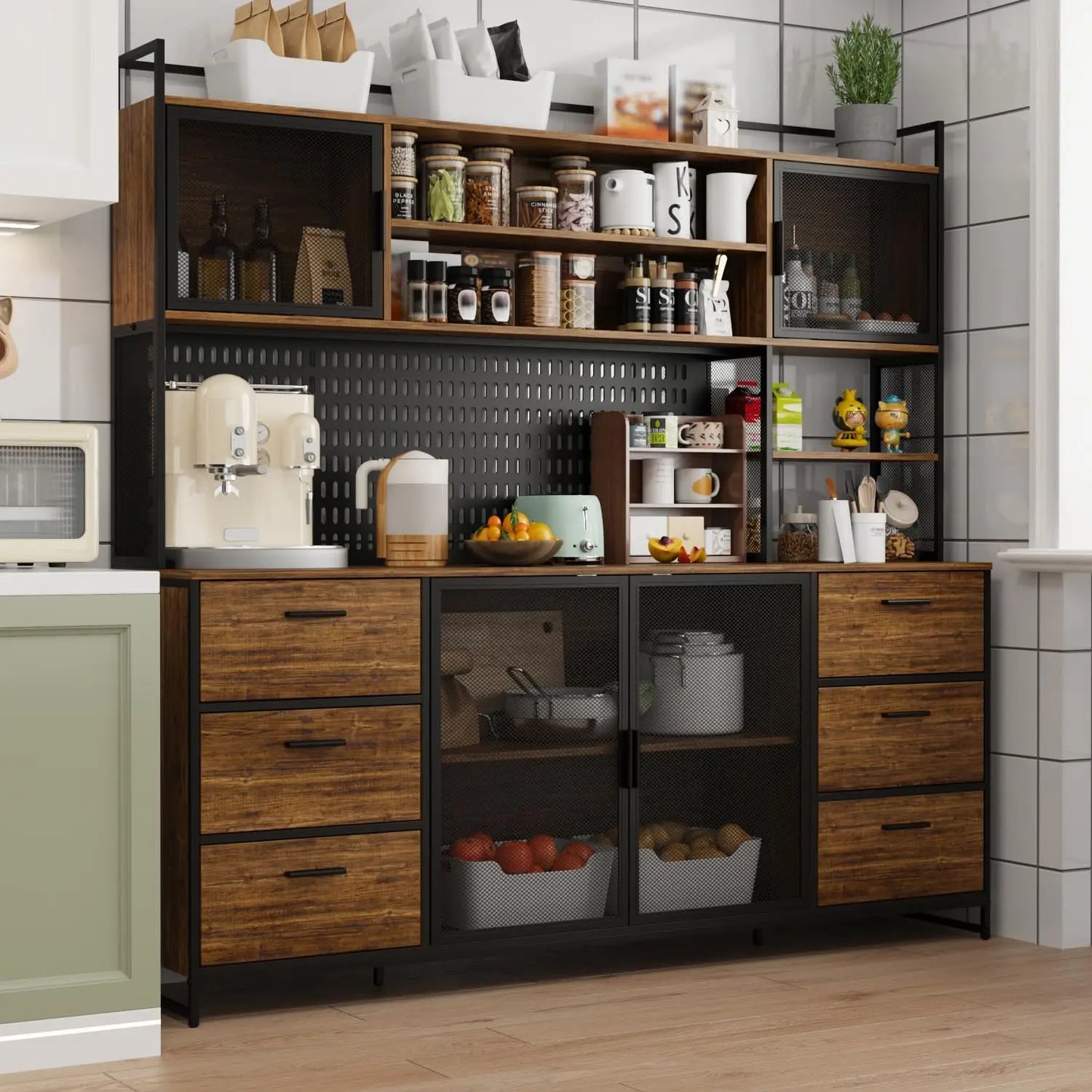 Large Kitchen Hutch Pantry Cabinet Metal Frame Storage Cupboard