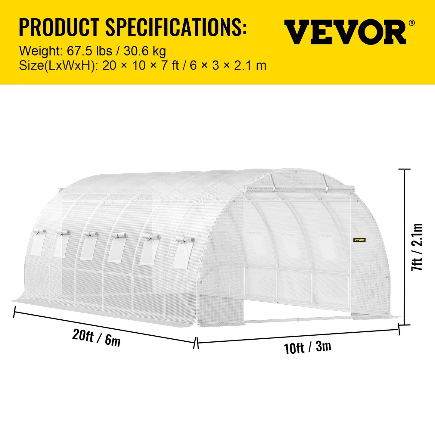 Ljustra Walk-in Tunnel Greenhouse 20x10x7 ft Portable with Zippered Doors