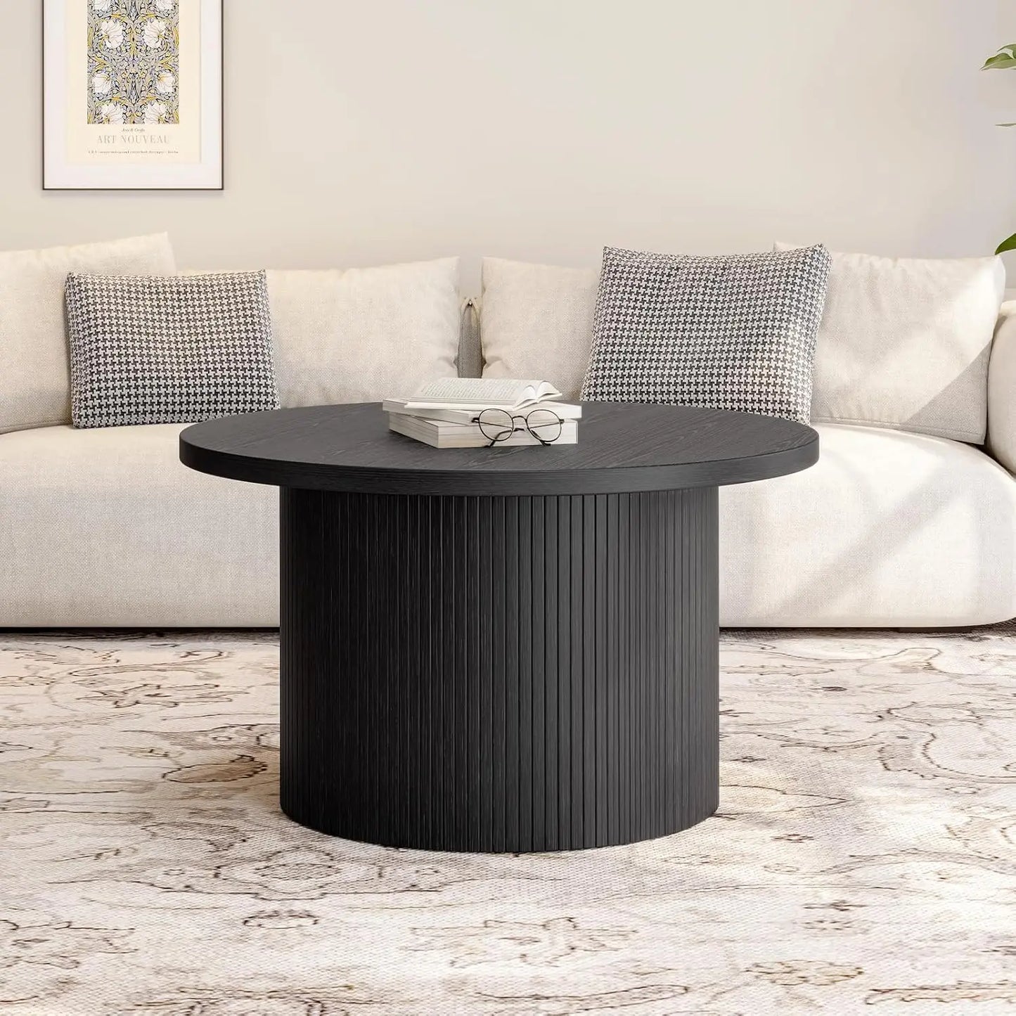 31.5 Inch Round Coffee Table Mid Century Modern Tambour Design Accent Table