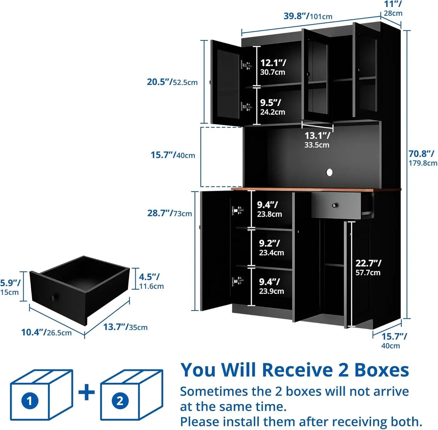 71 Inch Tall Kitchen Pantry Storage Cabinet with Microwave Stand Black