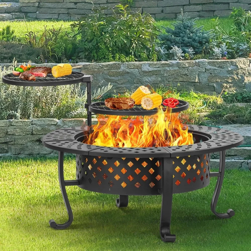 42 Inch Wood Burning Fire Pit with BBQ Grills and Lid for Outdoor Use