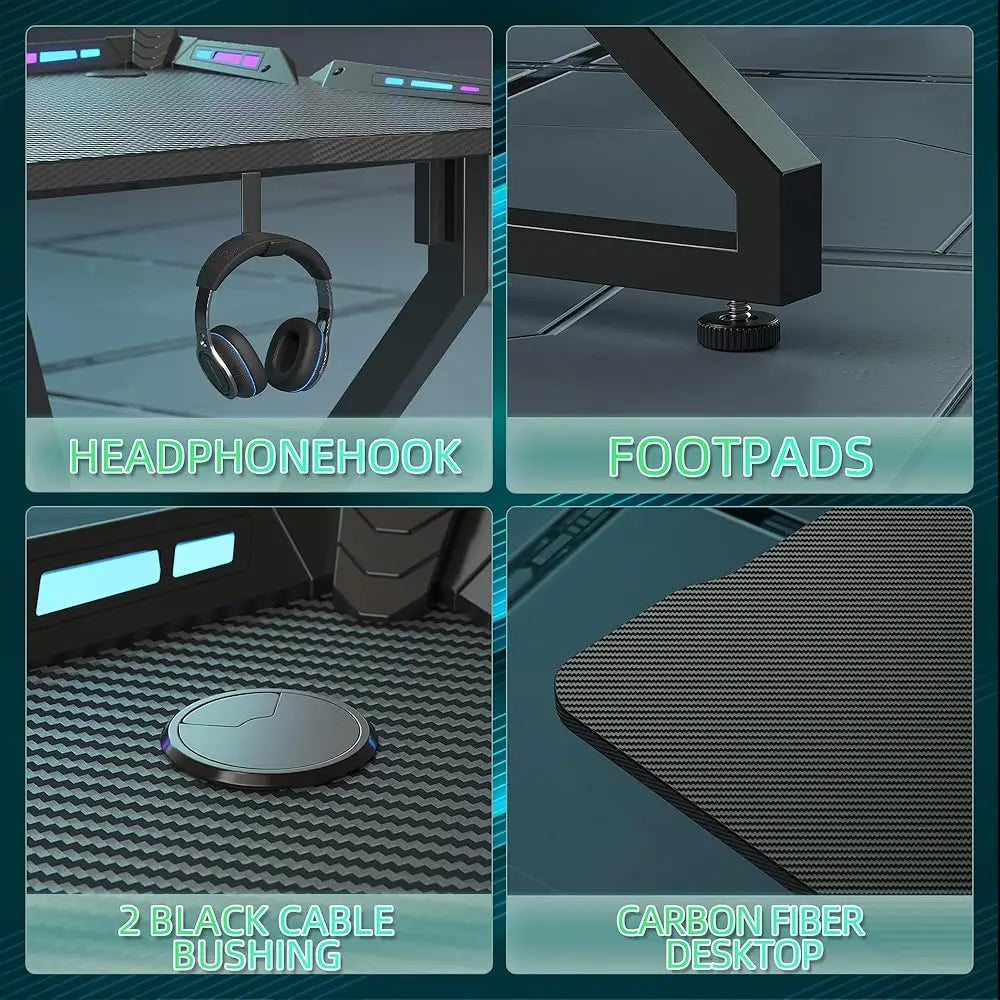 Gaming Desk With LED Lights Z Shaped Carbon Fiber Surface 40H Workstation
