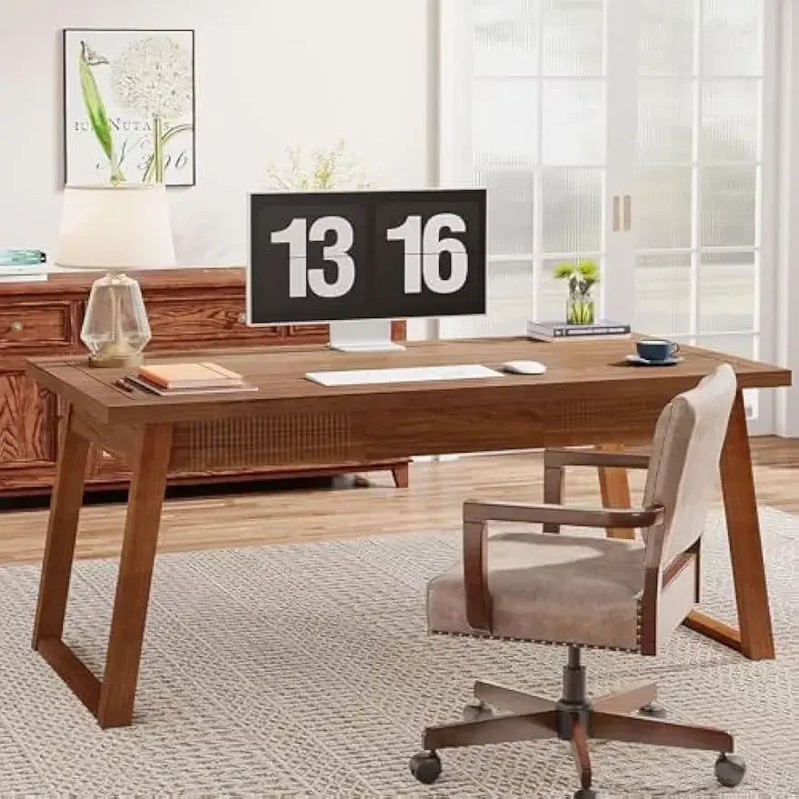Ljustra 55 Inch Home Office Executive Desk Solid Wood Mid-Century Modern