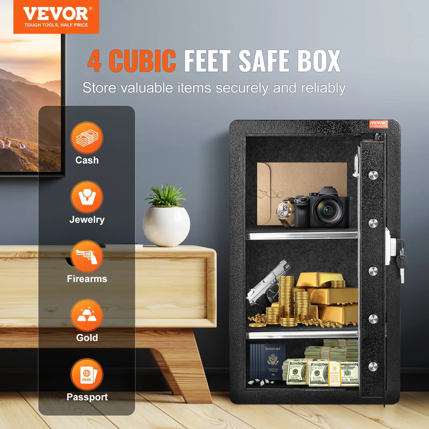 SucceBuy Safe Box Key Lock Fingerprint Fireproof Secure Storage 4 Cubic Feet