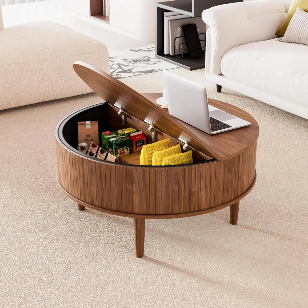 Round Lift Top Coffee Table with Storage Mid Century Modern Design