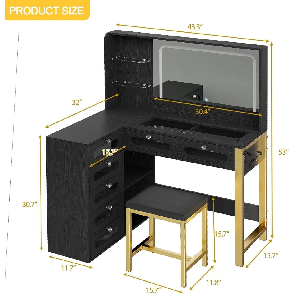 Modern Vanity Desk with Mirror and RGB Drawers Power Outlet Makeup Station