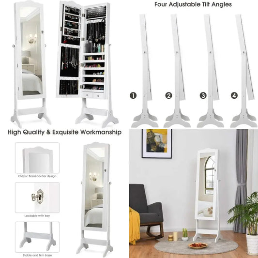 Standing Lockable Mirrored Jewelry Cabinet with LED Lighting and Drawers