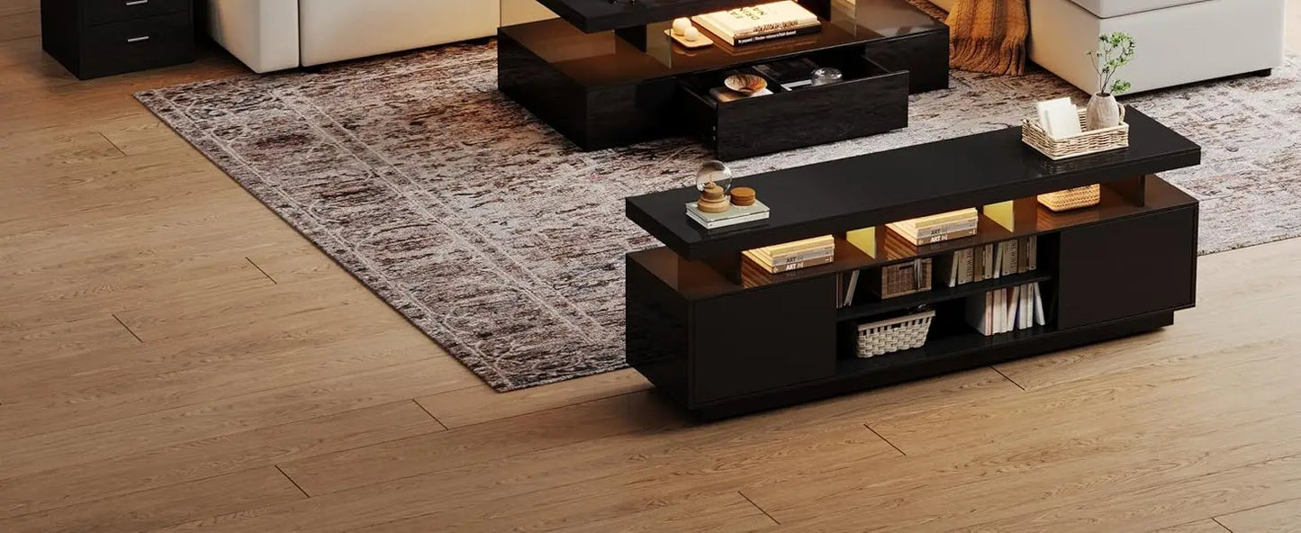 Modern LED Coffee Table High Gloss Storage Drawer Living Room Bedroom