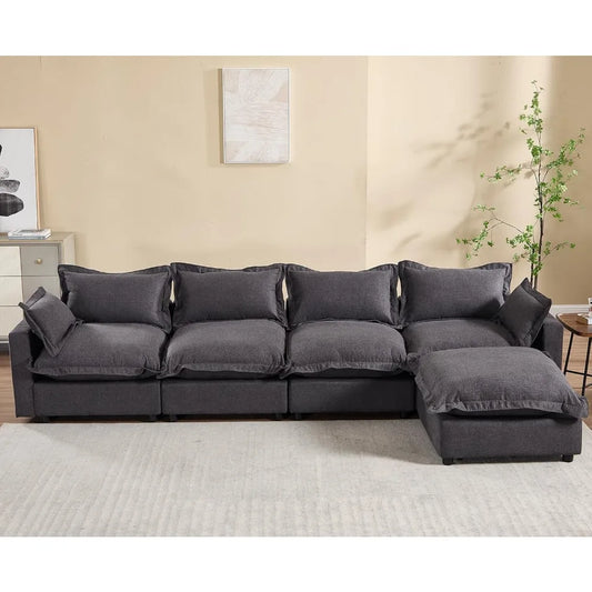 Ljustra 126" Modular Sectional Sofa with Moveable Ottoman Deep Seat Linen Couch