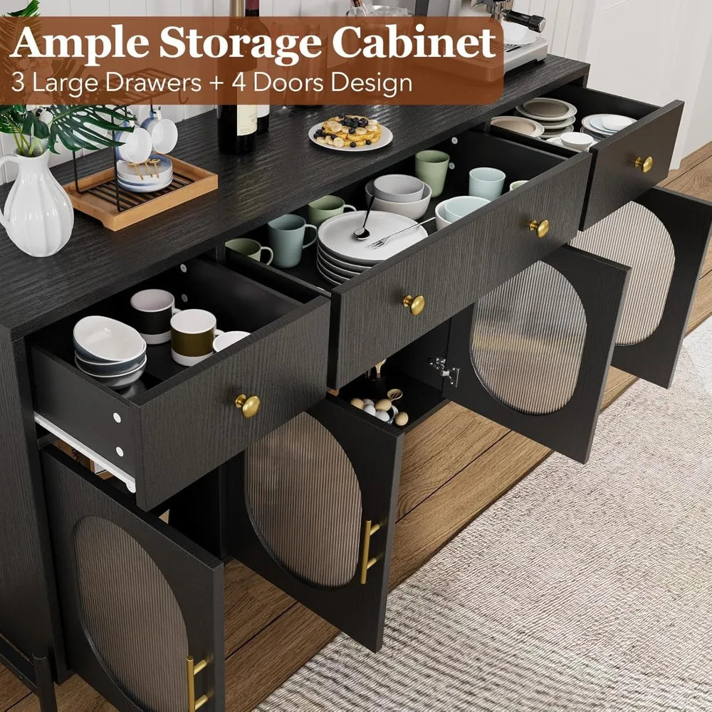 Buffet Cabinet Large Sideboard with Storage 62 Inch Wooden 3 Drawers 4 Doors