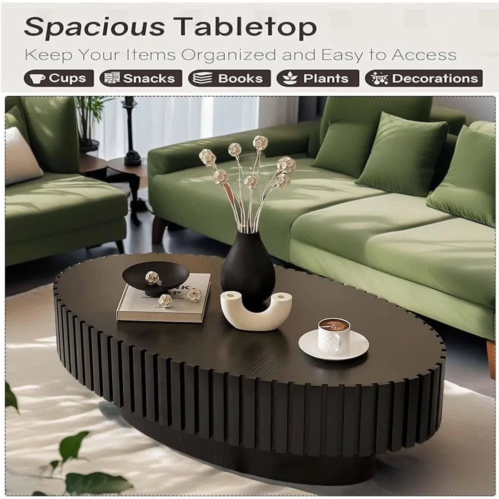 Modern Oval Coffee Table Handcrafted Drum Fluted Center Table