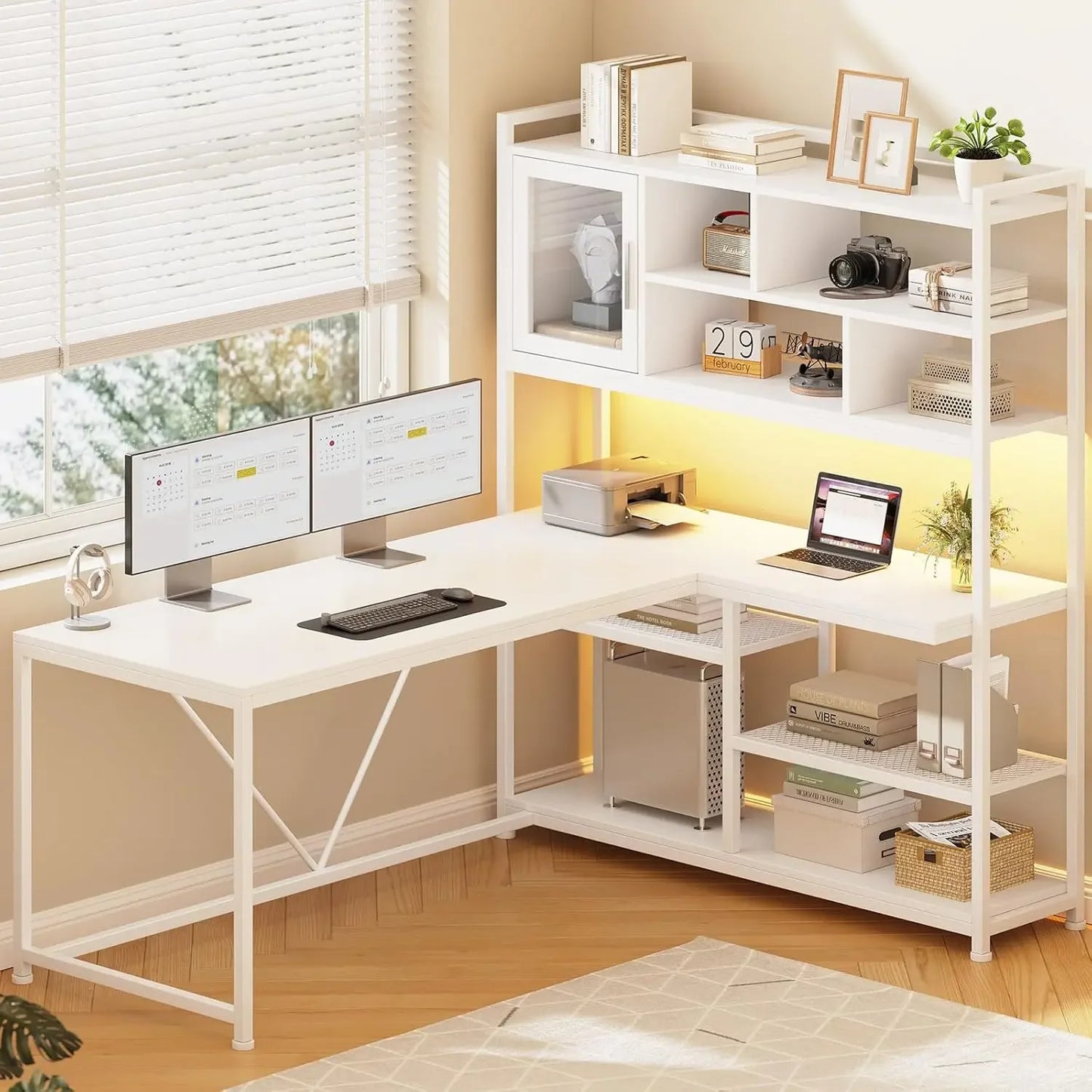 L Shaped Computer Desk with LED Light and Bookshelf for Home Office
