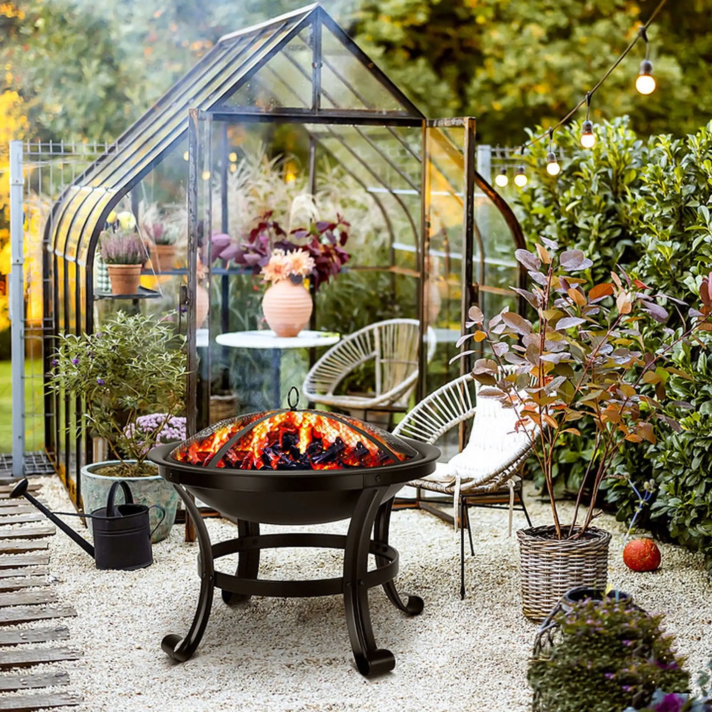 22 Inch Round Fire Pit Curved Iron Outdoor Wood Burning Patio Decoration