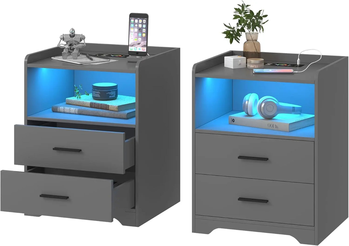 LED Nightstand with Charging Station Modern RGB Bedside Table