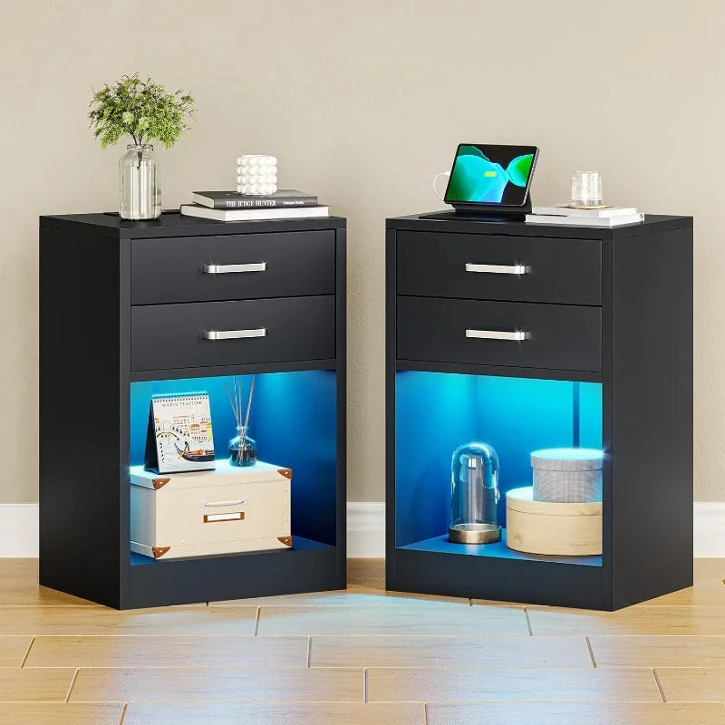 ADORNEVE LED Nightstands Set of 2 with Charging Station for Bedroom