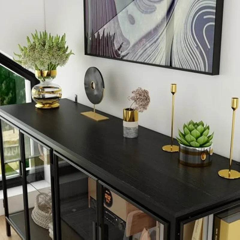 Modern Glass Shelves Sideboard Buffet Storage Cabinet with Metal Legs
