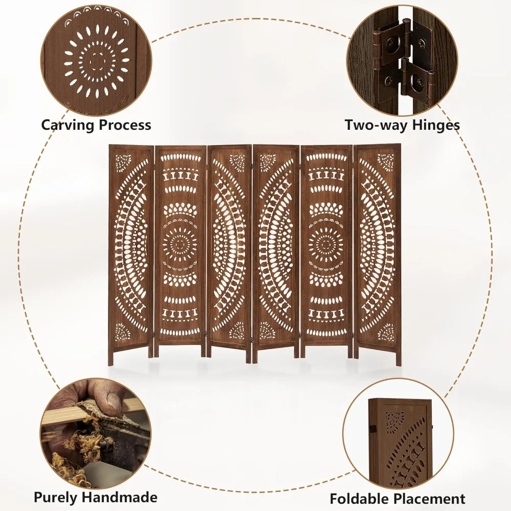 Boho 6 Panel Room Divider Folding Privacy Screen Modern Partition