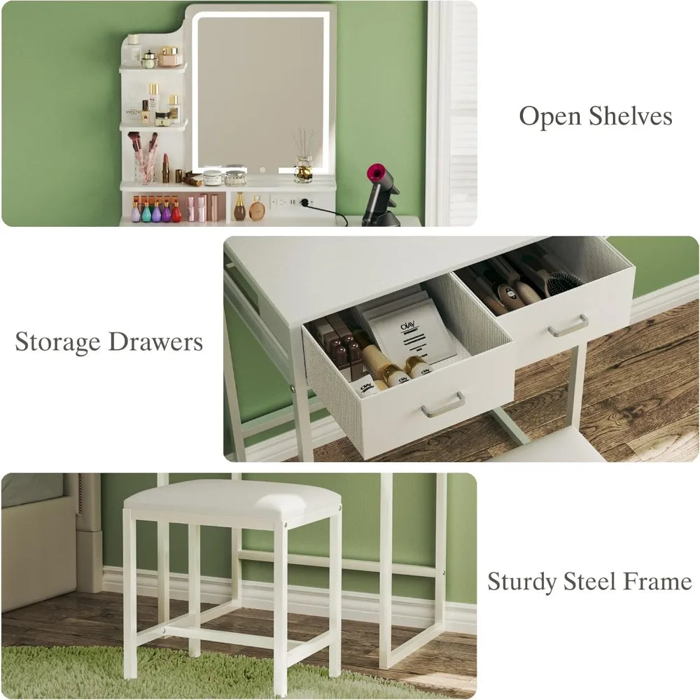 Makeup Vanity Desk with Foldable Panel Mirror Light and Storage
