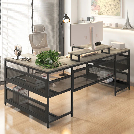 U Shaped Desk with LED Lights Power Outlets Monitor Stand Gaming Office