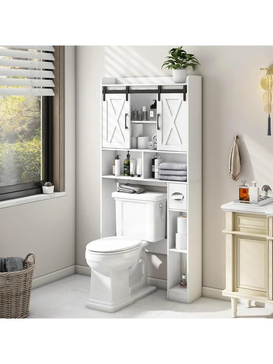 Farmhouse Storage Cabinet Over Toilet with Sliding Doors Space-Saving Rack