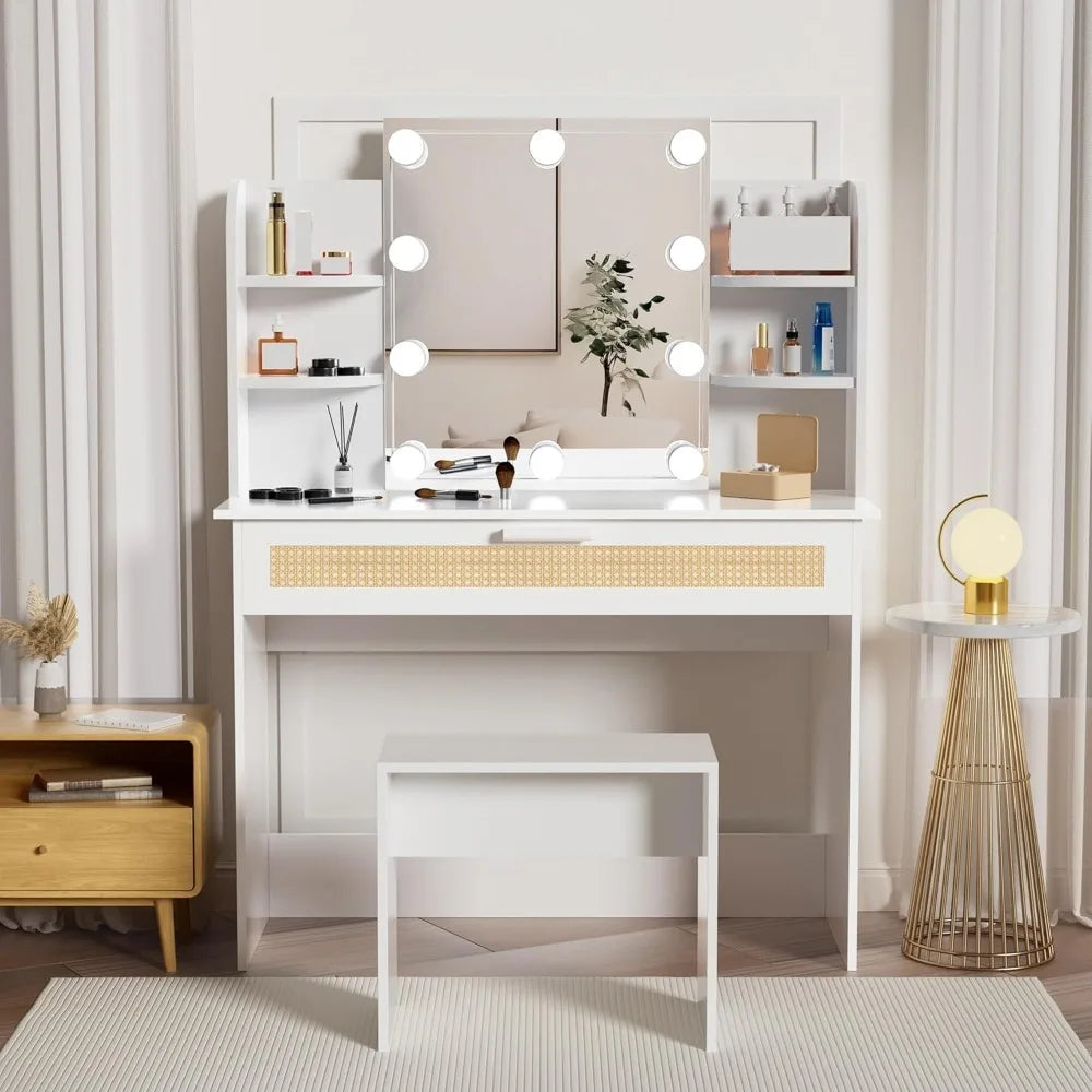 Modern Vanity Desk Set with LED Mirror Storage Stool Dressing Table