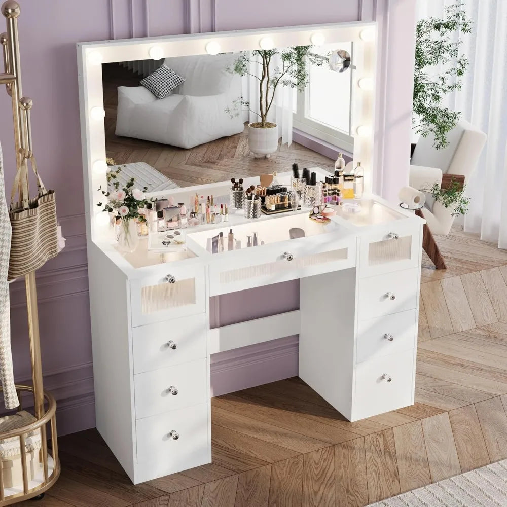 9 Drawers Vanity Desk with Large Mirror and Lights for Makeup