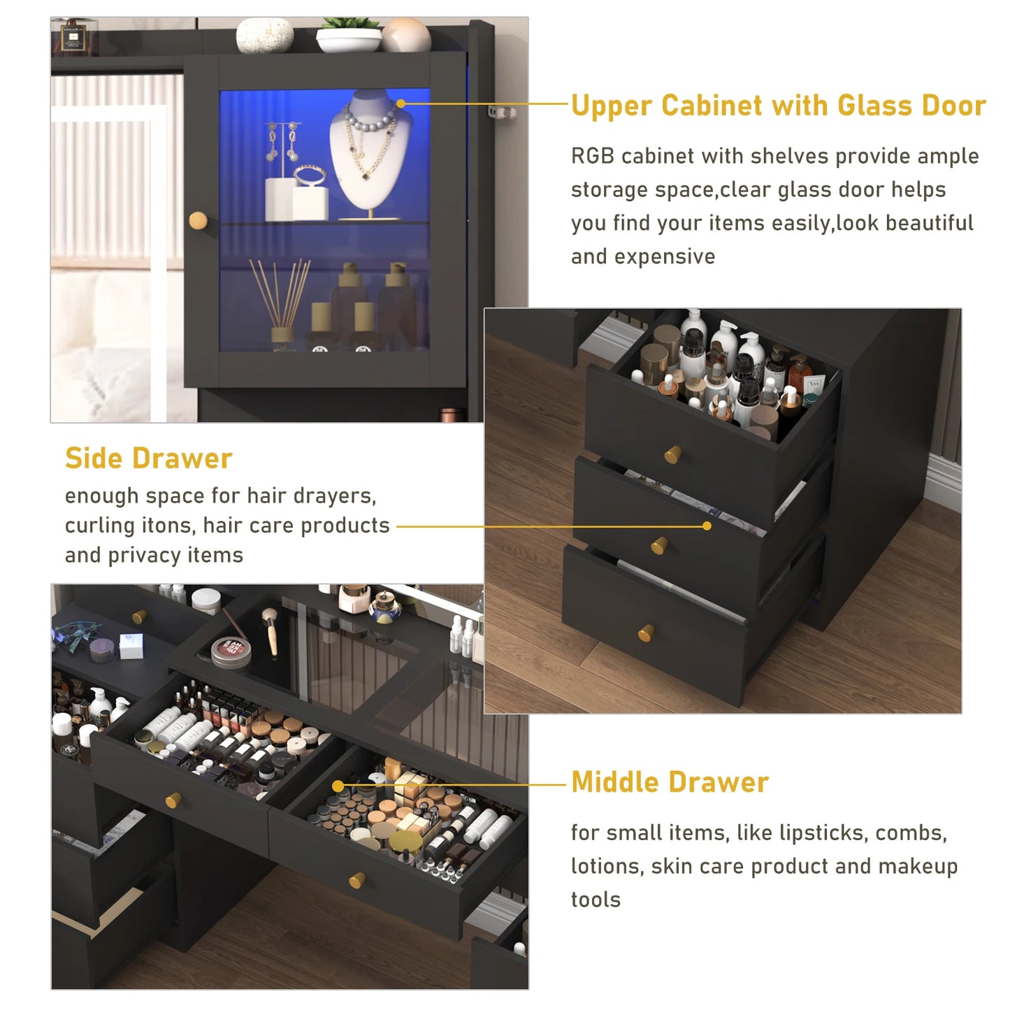 61.7" Large Vanity Desk with Mirror Lights Charging Station Storage