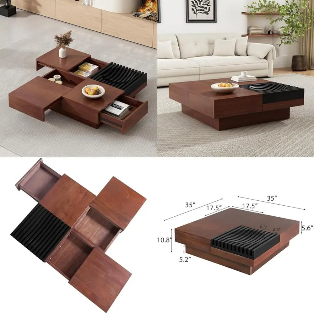 Vintage Acacia Wood Square Coffee Table with Sliding Top and Storage