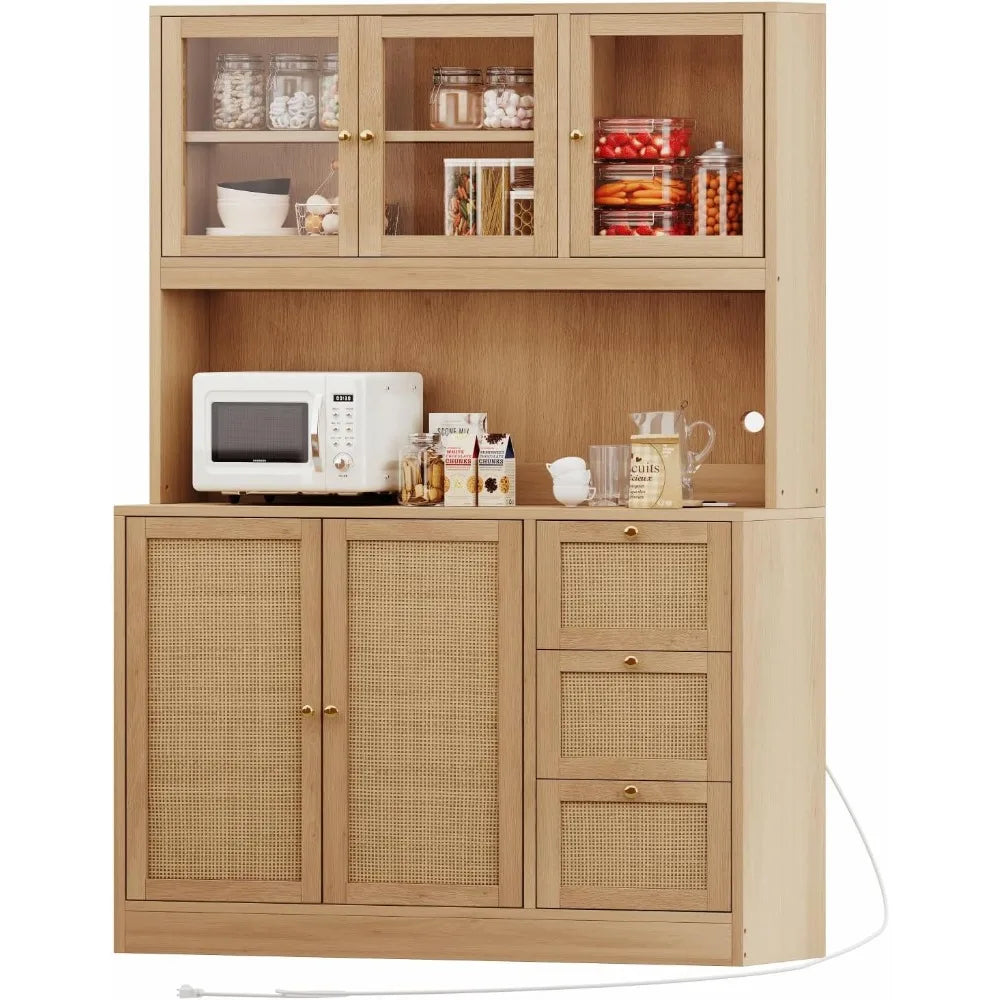Kitchen Pantry Hutch with Microwave Stand Boho Storage Cabinet