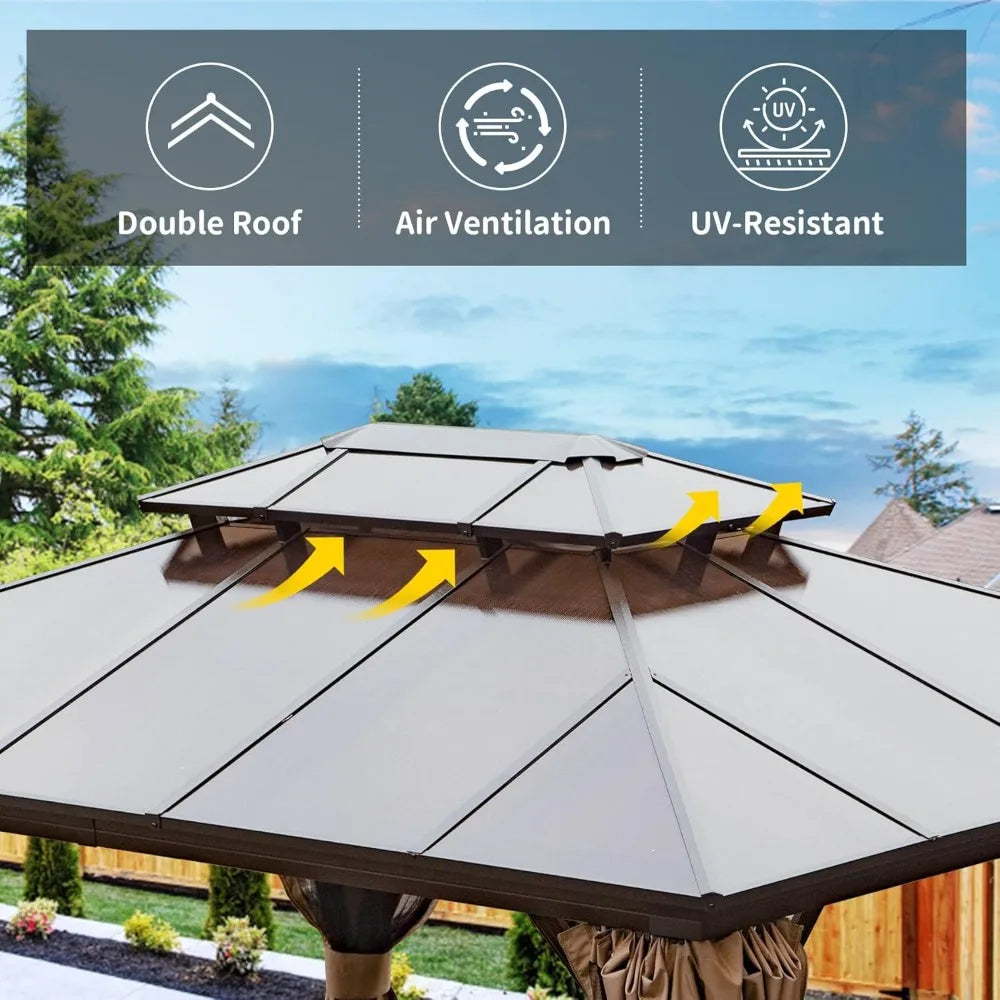 10x12 Hardtop Gazebo Aluminum Frame Curtains Netting All Weather Use