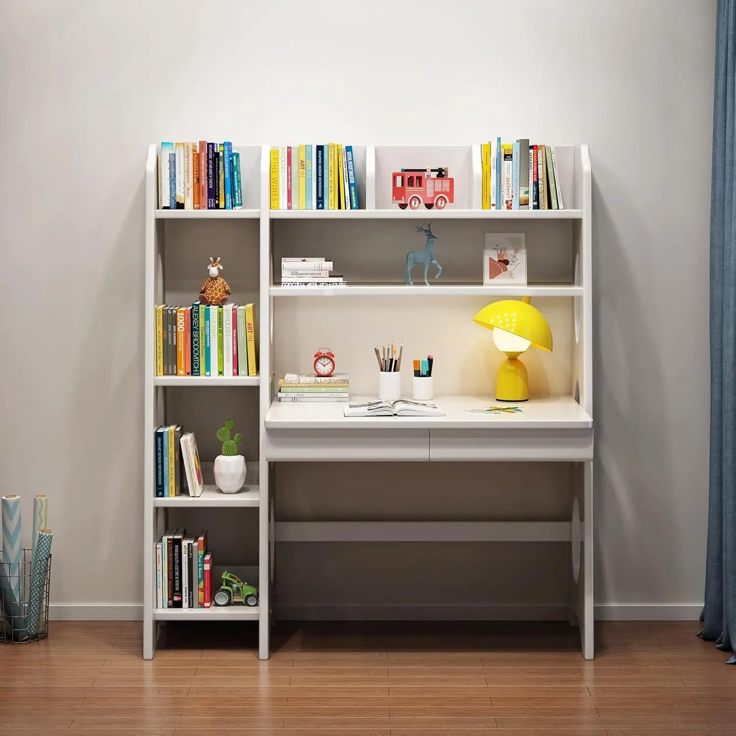 Kids Desk with Bookshelf and Drawers Wooden Student Workstation