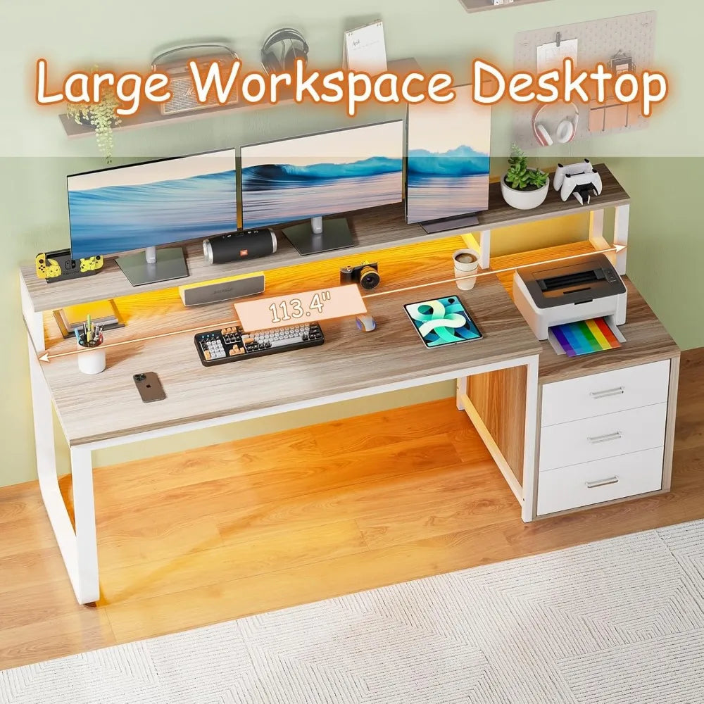 Ljustra 67 Inch Computer Desk with 3 Drawers and LED Light for Home Office