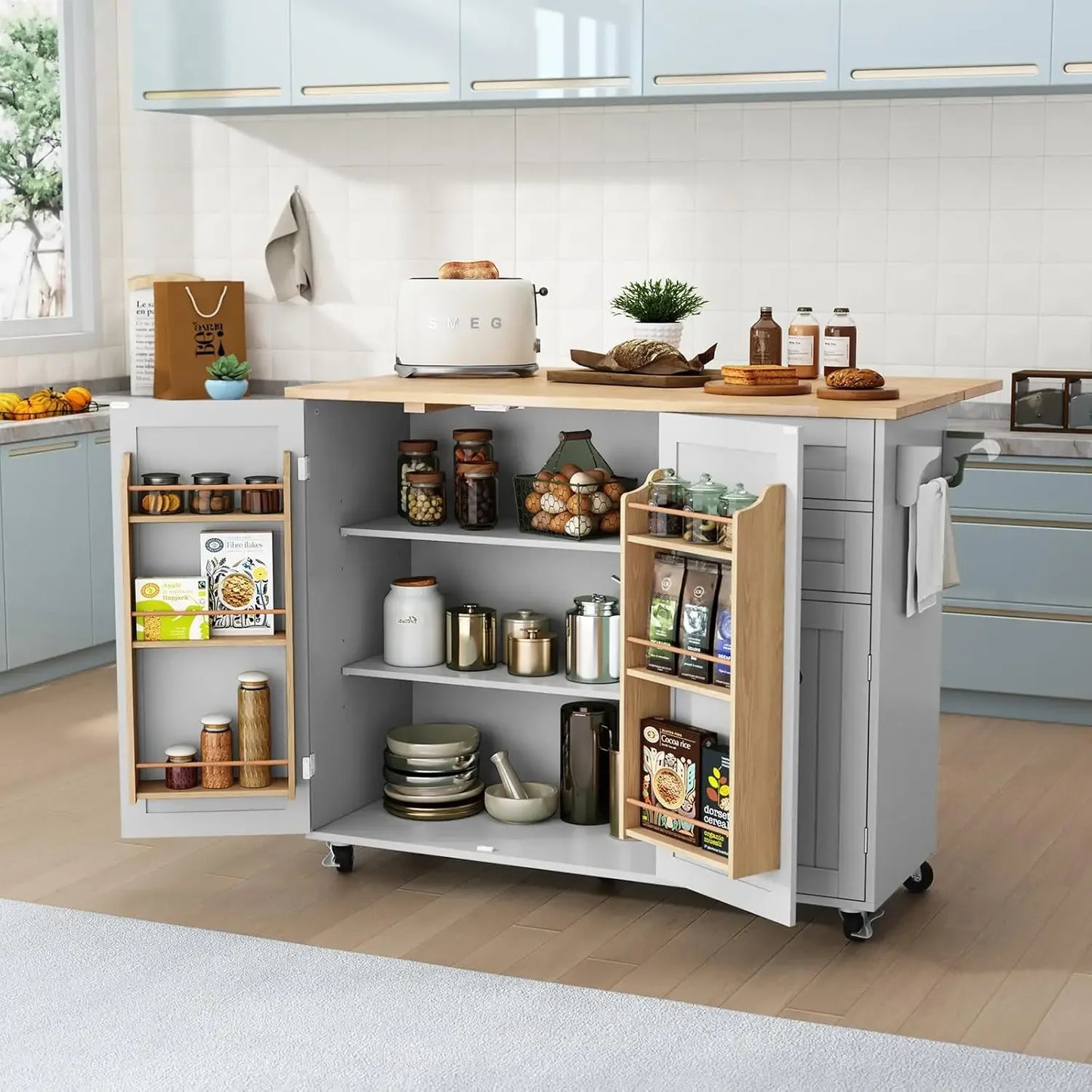 Rolling Kitchen Island with Storage Drop-Leaf Bar Countertop Modern Style