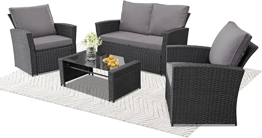 4 Piece Wicker Outdoor Patio Furniture Set Sectional Sofa with Table