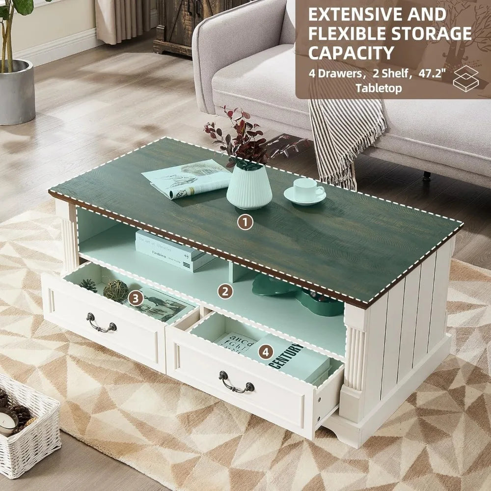 48 Inch Wood Coffee Table Rustic Living Room Center Table with Storage